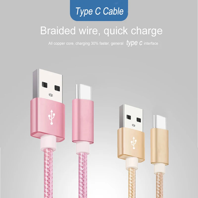 Braided Type C cables in pink and gold, featuring USB connectors. Text highlights quick charge capability with all copper core, charging 30% faster, and a general Type C interface.