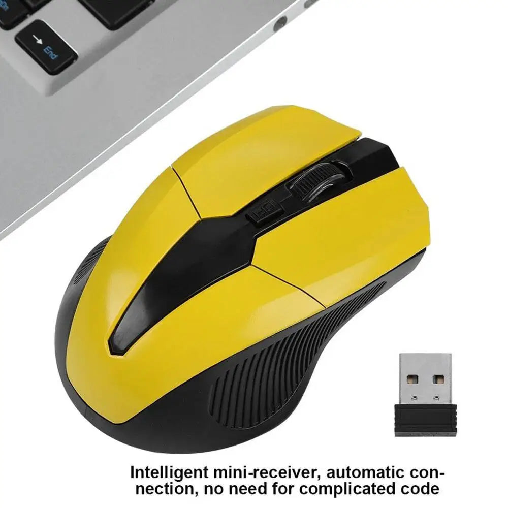 Yellow and black wireless mouse beside a USB receiver near a laptop keyboard. Text reads, "Intelligent mini-receiver, automatic connection, no need for complicated code."