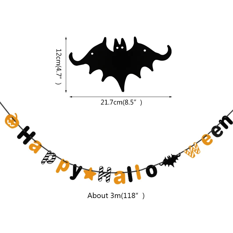 Halloween banner featuring black and orange letters spelling "Happy Halloween" with a playful pumpkin and star design. A black bat measuring 21.7cm by 12cm is shown above, with the entire banner measuring about 3 meters long.