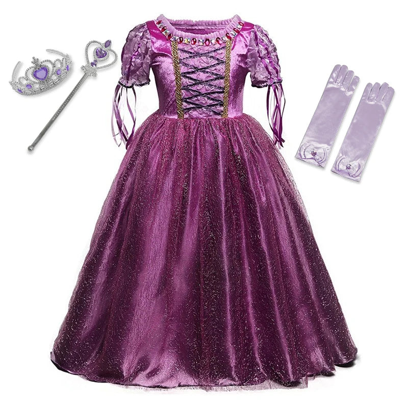 Purple princess dress with puffed sleeves, lace-up front, and sparkling tulle skirt. Includes a silver tiara, wand, and lilac gloves with flower details.
