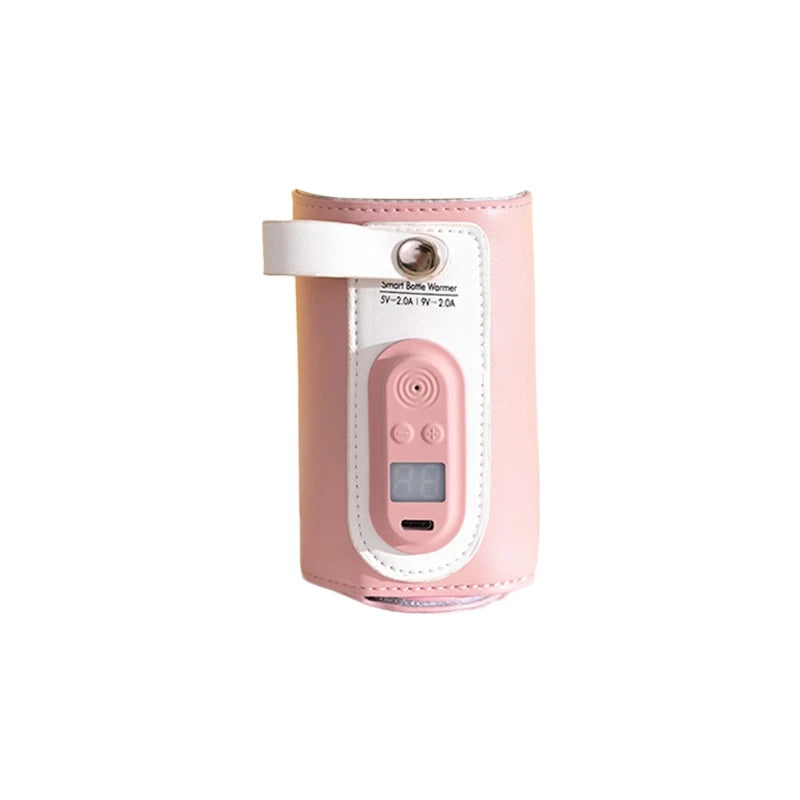 Pink and white smart bottle warmer with digital display and buttons, wrapped in a soft case. A strap with a snap button is on the side for easy attachment.