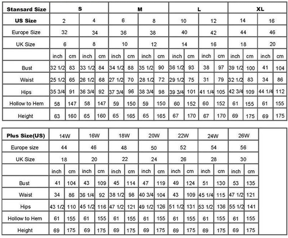 Size chart for standard and plus sizes showing US, Europe, and UK measurements for bust, waist, hips, hollow to hem, and height in inches and centimeters.