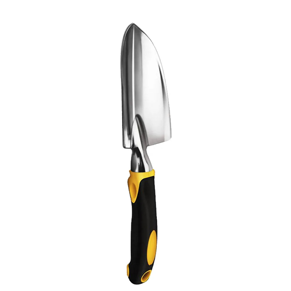 A stainless steel hand trowel with a shiny blade and a black handle accented with yellow grips, designed for gardening, isolated on a white background.