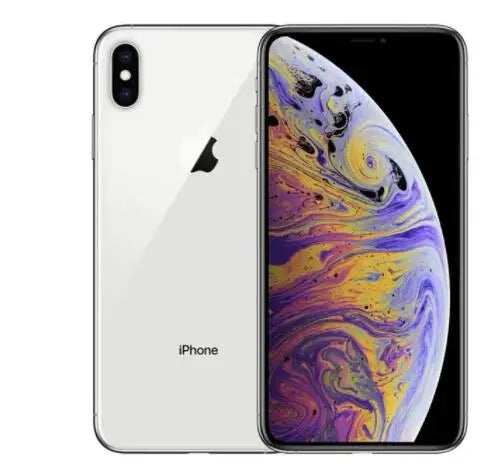 Front and back view of a silver iPhone XS, displaying a vivid, swirling multicolored wallpaper on the screen. The back has a vertical dual camera setup and Apple logo.