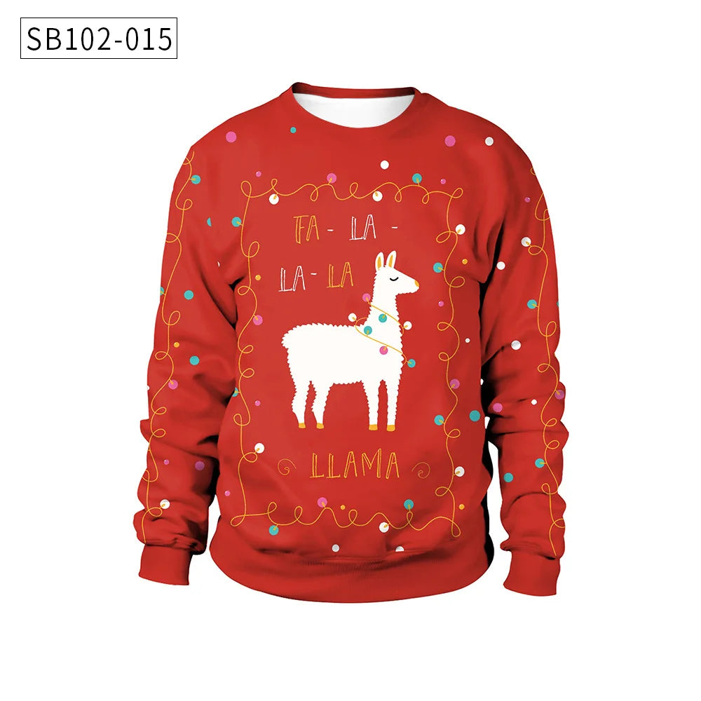Red Christmas sweater featuring a white llama with colorful lights, surrounded by the text "Fa-La-La-La Llama," adorned with multicolored dots and string lights.