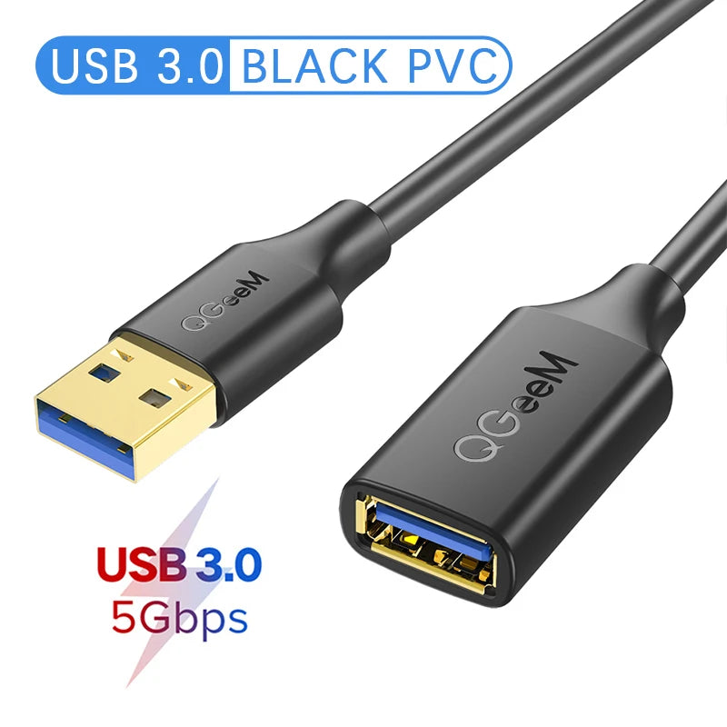 Black USB 3.0 extension cable with gold-plated connectors, labeled "QGeeM" and "USB 3.0 5Gbps." Text indicates the cable is made from black PVC.
