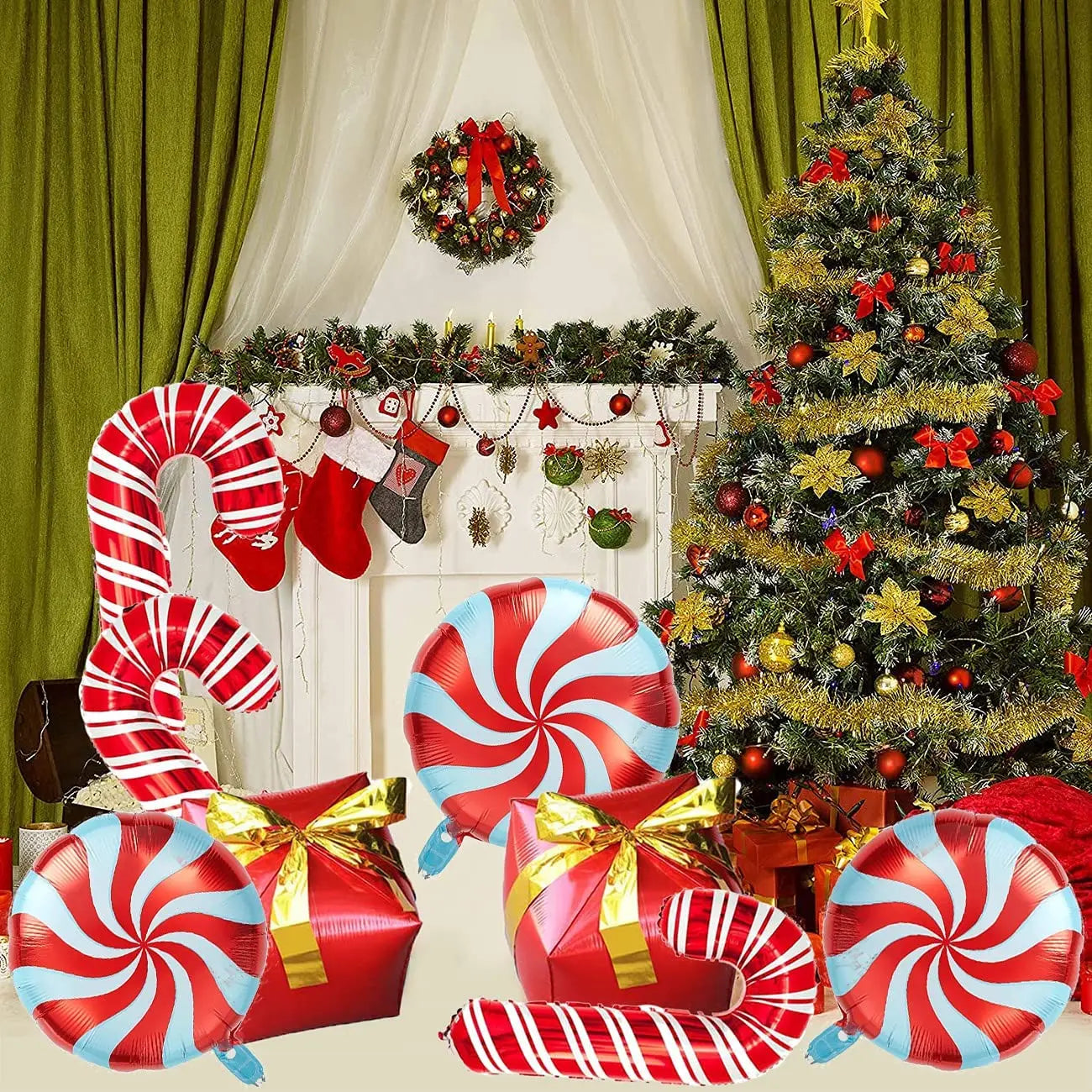 Festive living room with a decorated Christmas tree, stockings on a mantle, wreath, red and white striped candy cane balloons, and swirl pattern balloons with gifts.