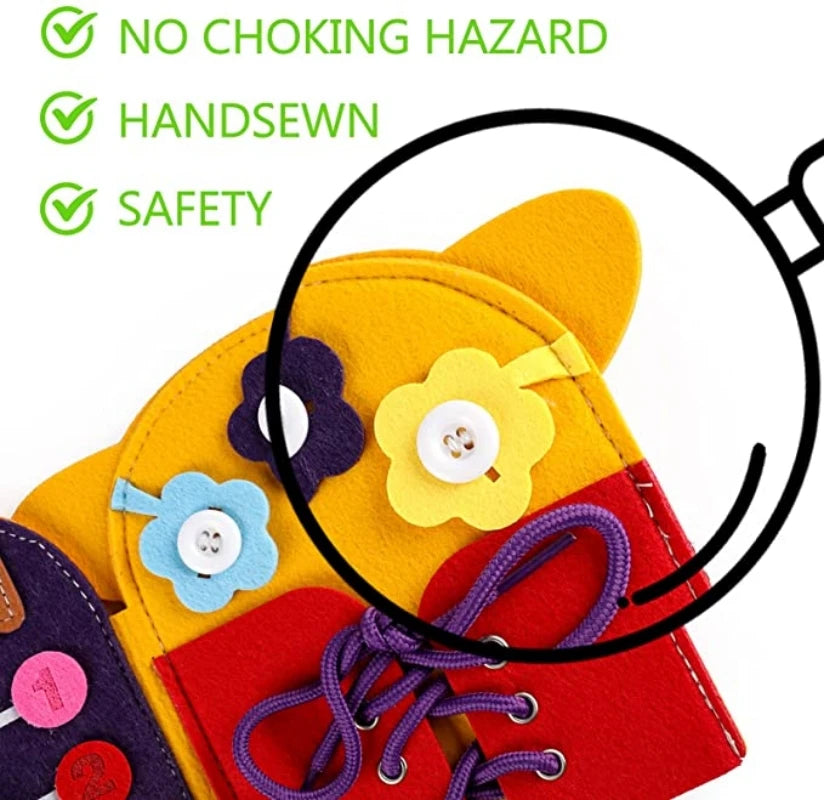 Felt activity book with colorful buttons and laces, featuring flower shapes. Text highlights its safety, hand-sewn quality, and absence of choking hazards.