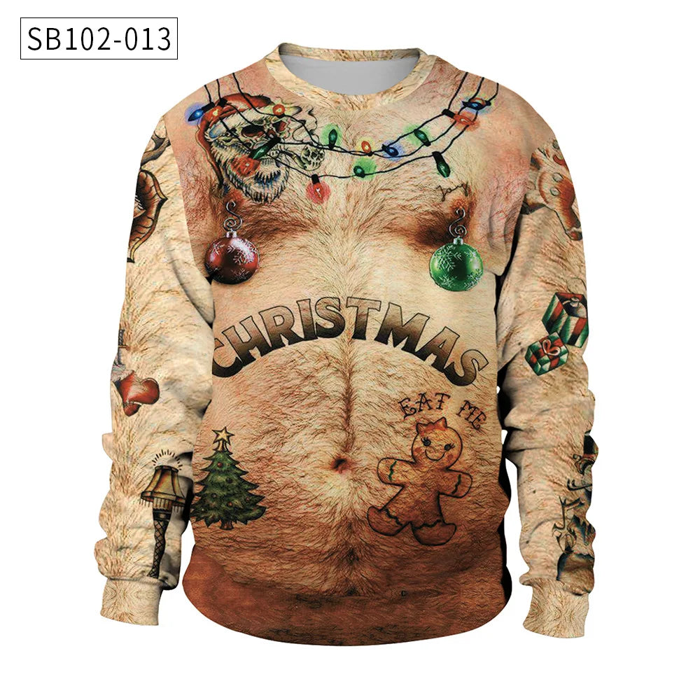 Novelty Christmas sweater with hairy torso design, featuring ornaments, lights, and tattoos of a gingerbread man, tree, gifts, and leg lamp. The word "Christmas" is across the chest.