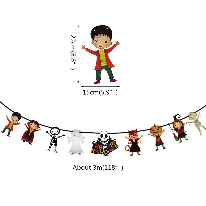 Garland featuring childlike figures in Halloween costumes, including a vampire, skeleton, ghost, cat, pumpkin, witch, and mummy. Each figure measures 22cm tall and 15cm wide. The garland is approximately 3 meters long.