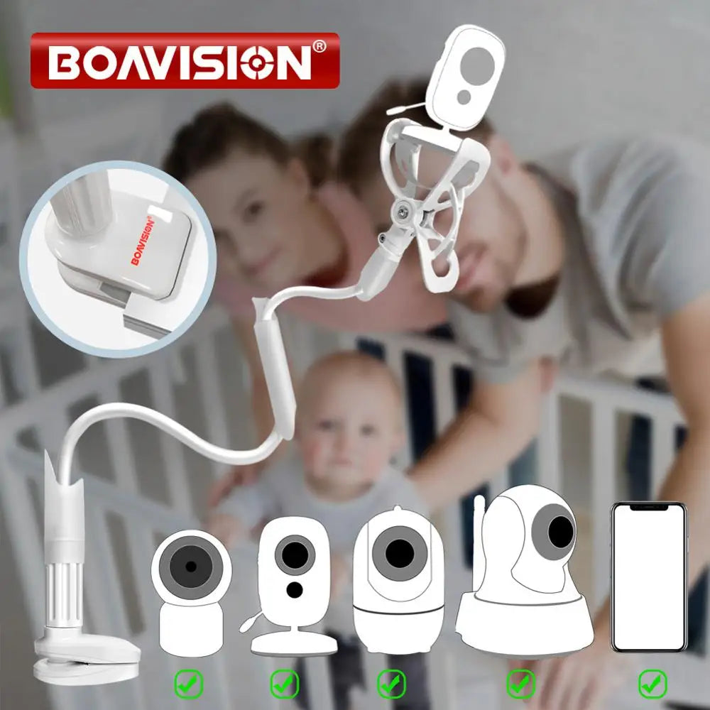 Baby monitor with flexible mount, showcasing camera models and a smartphone. Background shows a family by a crib. BOAVISION branding at the top.