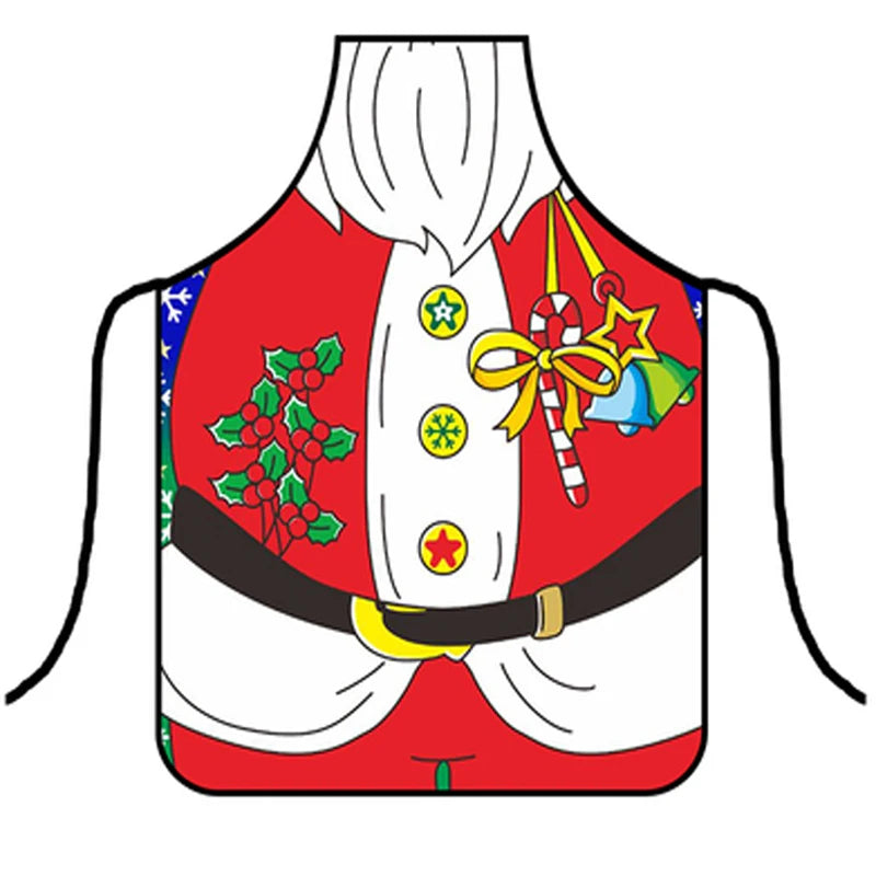 Festive apron mimicking Santa's suit with red background, white trim, black belt, holly, candy cane, bell, and star details.