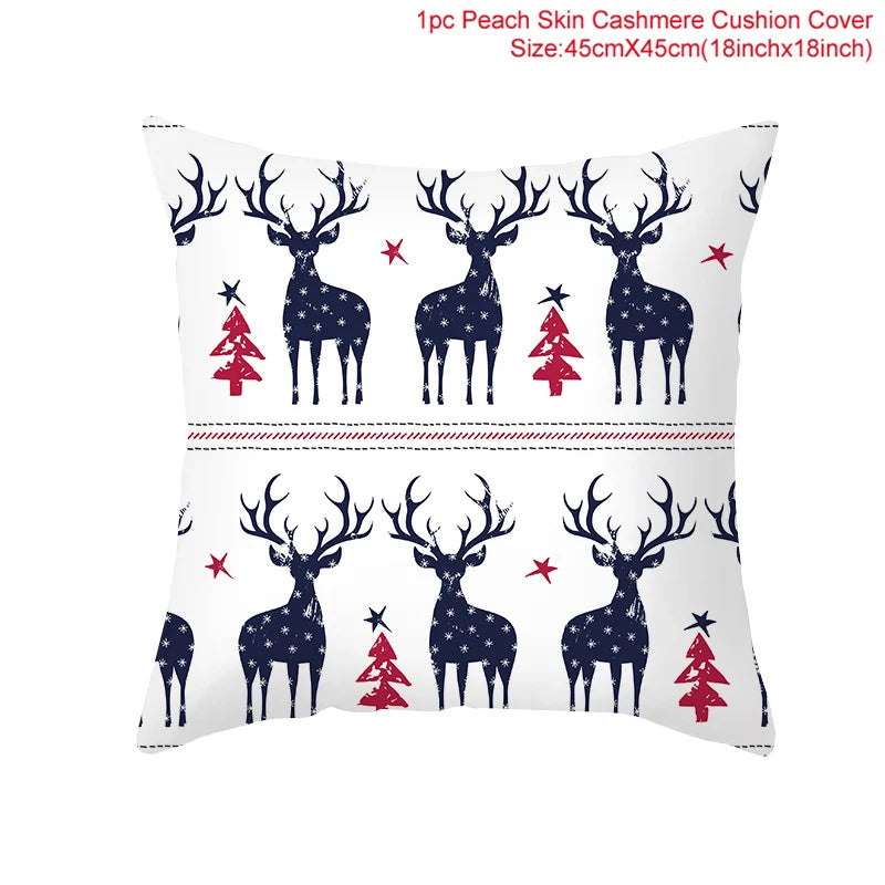 White cushion cover with navy blue deer and red Christmas trees and stars pattern. Text at top reads "1pc Peach Skin Cashmere Cushion Cover Size: 45cmX45cm (18inchx18inch)."
