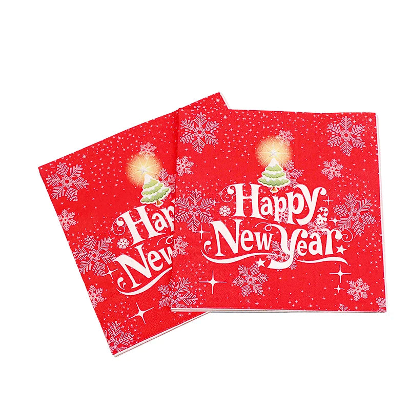 Red cards with "Happy New Year" in white text, adorned with snowflakes and a glowing, decorated tree. The festive design captures the holiday spirit.
