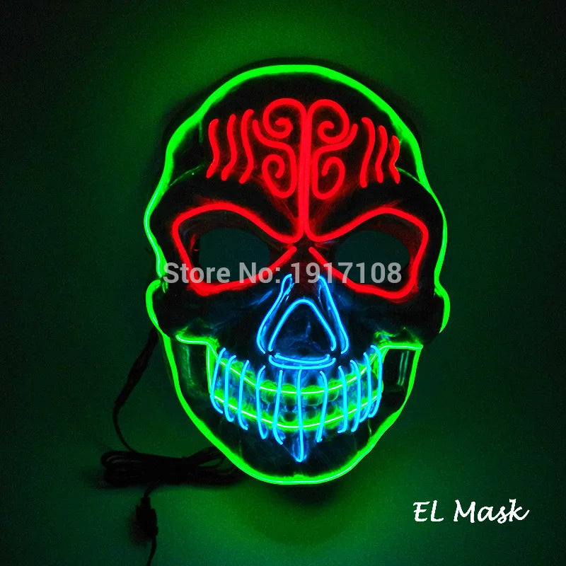 Neon skull mask with green, red, and blue outlines on a black background. The design features swirling patterns and a grinning mouth. Text reads "EL Mask" in the corner.