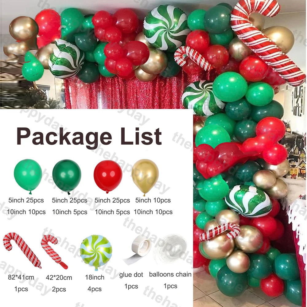 Colorful Christmas balloon arch in red, green, gold, and peppermint patterns with candy cane decor. Package includes balloons in various sizes, glue dots, and a balloon chain.