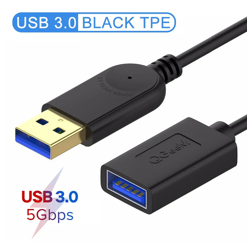 Black USB 3.0 cable with gold-plated connectors and blue accents, labeled "QGeek!" and "Super Speed 3.0." Supports data transfer up to 5Gbps. Text highlights "Black TPE".