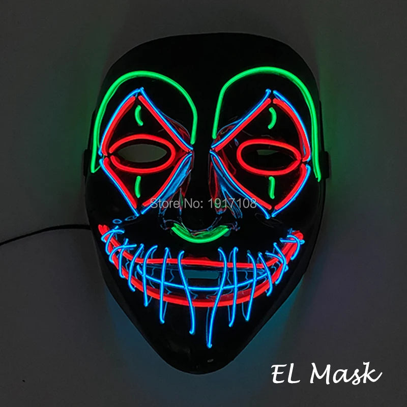 A black mask with neon EL wires in green, red, and blue, forming abstract patterns around the eyes and mouth, creating a glowing, vibrant, and artistic appearance.