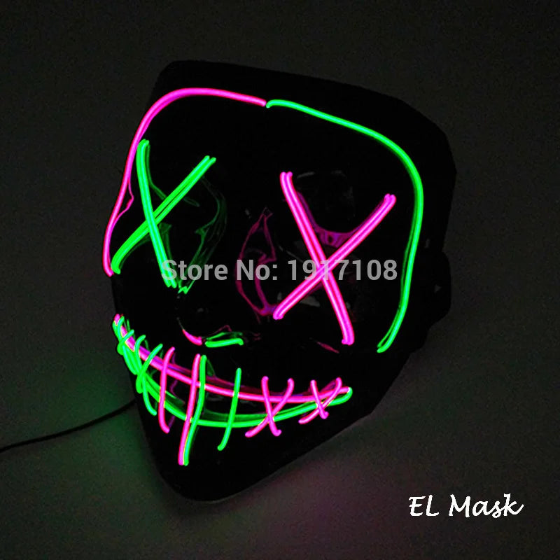 Neon glowing mask with pink and green lines forming a skull design. The mask has X-shaped eyes and a stitched mouth pattern, set against a dark background.