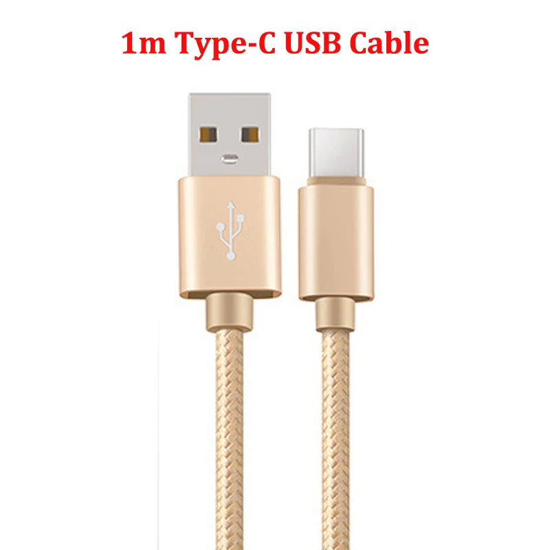 Gold-colored Type-C USB cable, 1 meter long, with one end featuring a standard USB-A connector and the other end a Type-C connector.