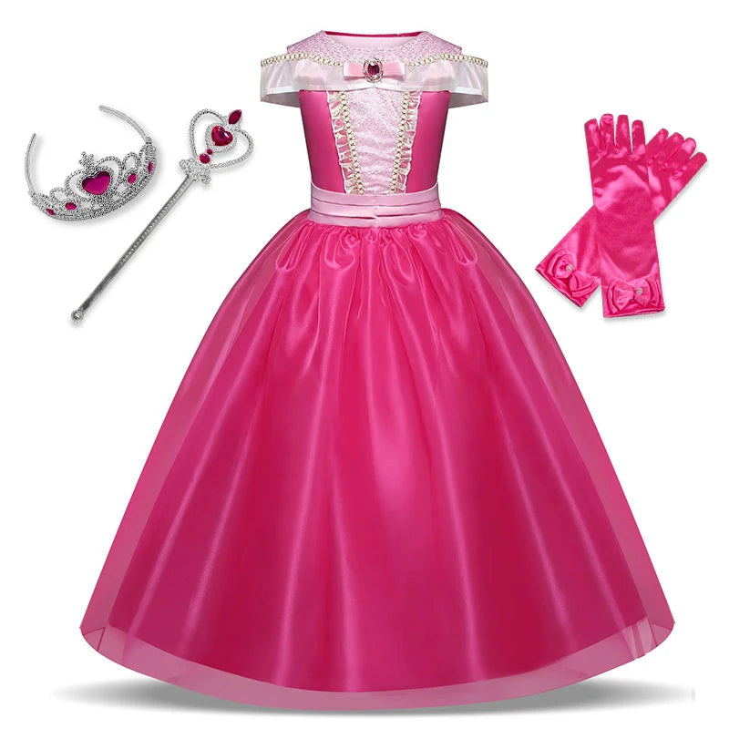 Pink princess dress with pearl details, matching gloves, a jeweled tiara, and a heart-topped wand. Perfect for a royal-themed costume.