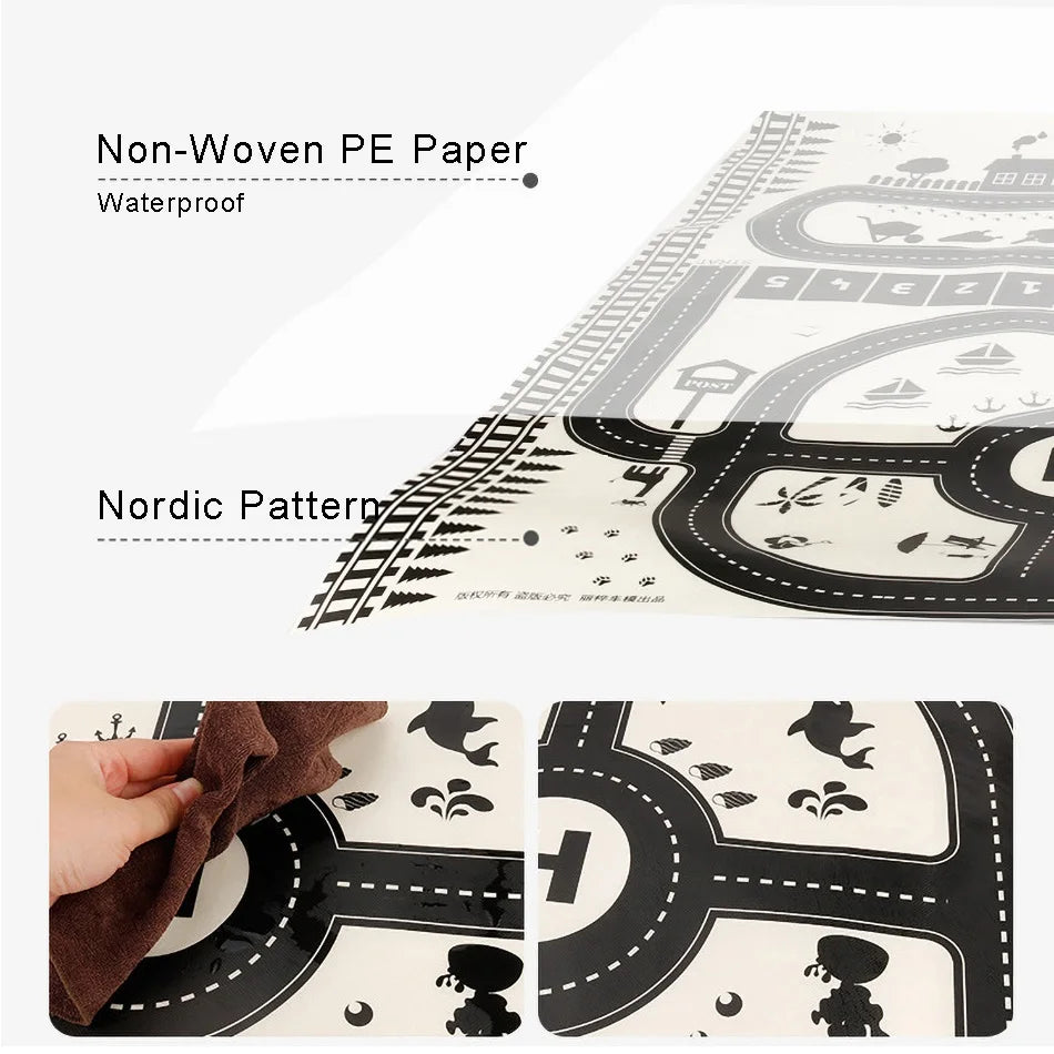 Play mat with a Nordic pattern featuring roads and various outdoor icons. Made of non-woven PE paper, it's waterproof. A hand wipes the surface, demonstrating easy cleaning.