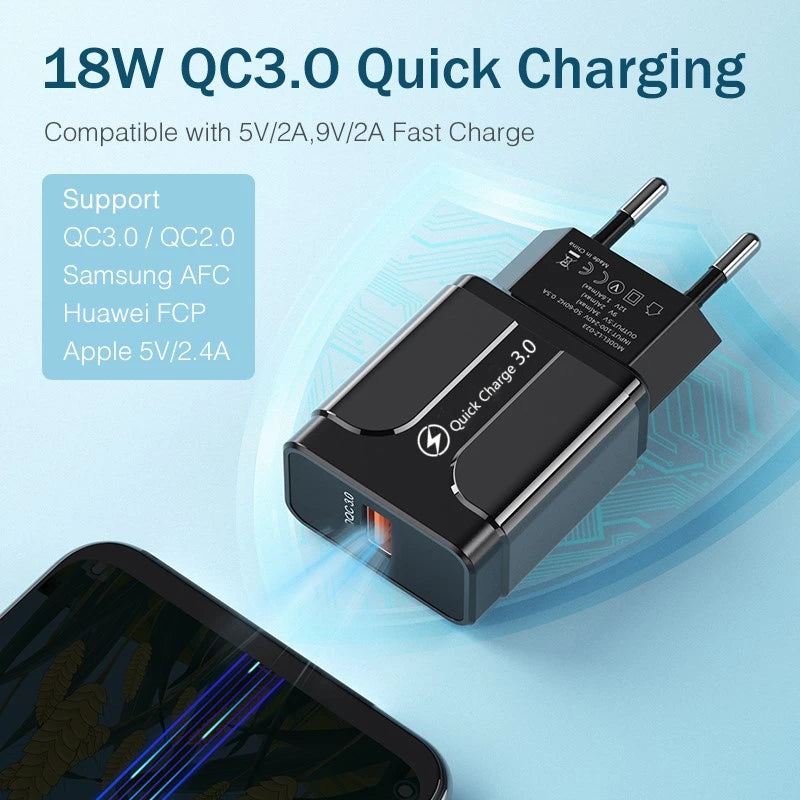 A black 18W Quick Charge 3.0 charger is shown on a blue background, with text highlighting compatibility with QC3.0, QC2.0, Samsung AFC, Huawei FCP, and Apple 5V/2.4A.