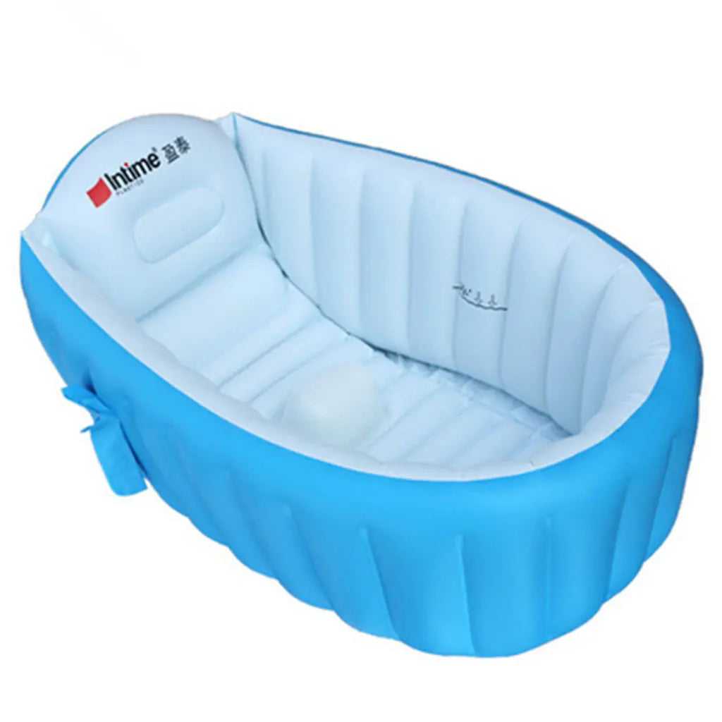 Blue and white inflatable baby bathtub with a soft cushion and textured surface for non-slip grip. It features raised sides and a backrest for safety and comfort.