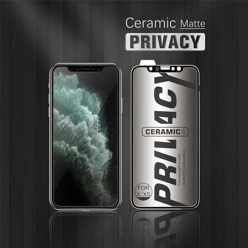 Smartphone with a Ceramic Matte Privacy screen protector beside it. Text reads "Ceramic Matte Privacy" and indicates compatibility with iPhone X/XS. Dark background.