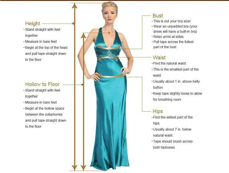 Woman in a turquoise gown shows where to measure for dress fitting: height, hollow to floor, bust, waist, and hips. Text lists instructions for accurate measurements.
