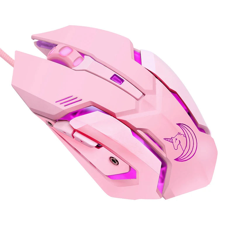 Pink gaming mouse with an angular design, featuring a unicorn logo on the side and glowing purple accents. It has multiple buttons and a textured scroll wheel.