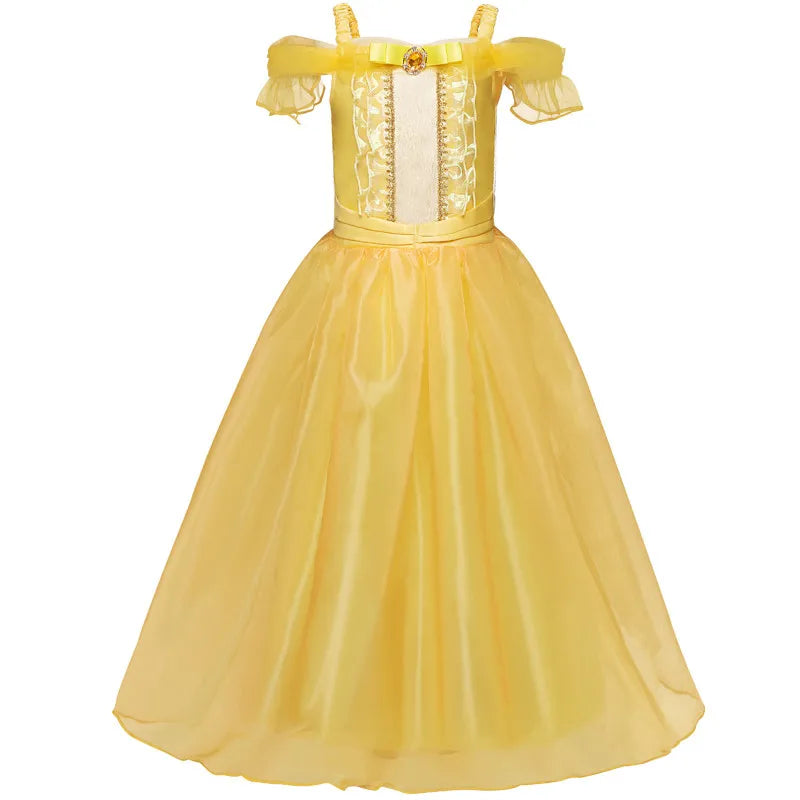 Yellow princess dress with off-shoulder ruffles, fitted bodice, and gemstone detail. Flowy skirt adds an elegant, fairytale charm. Perfect for dress-up or costume events.