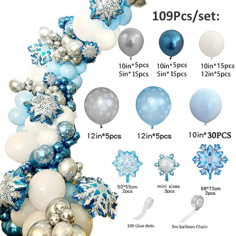 Balloon decoration kit with 109 pieces, including blue, white, and silver balloons and large snowflake designs. Contains glue dots and a balloon chain for assembly.