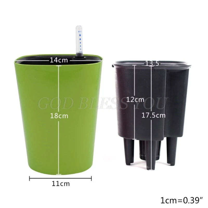 Green self-watering plant pot with dimensions: 18cm height, 14cm diameter, and 11cm base. Accompanied by black inner pot measuring 17.5cm height, 13.5cm width, and 12cm depth.