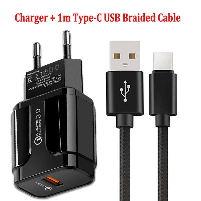 Black Qualcomm 3.0 USB wall charger with two-prong plug, paired with a 1-meter braided USB to Type-C cable. Text above reads "Charger + 1m Type-C USB Braided Cable."