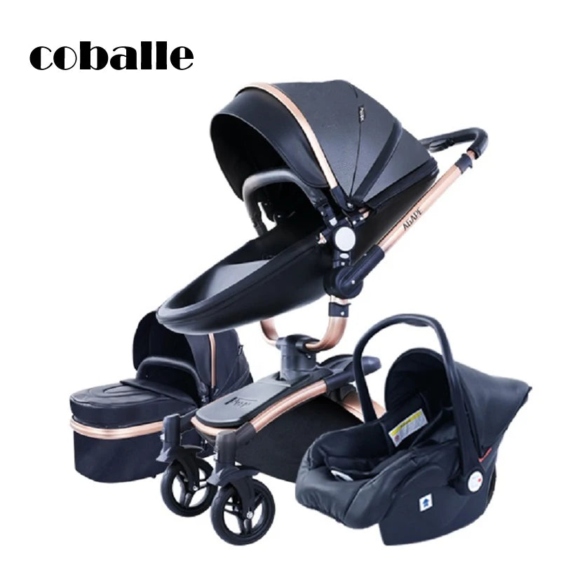 Black and gold modular baby stroller set with detachable components, including a bassinet and car seat carrier, displayed against a white background.