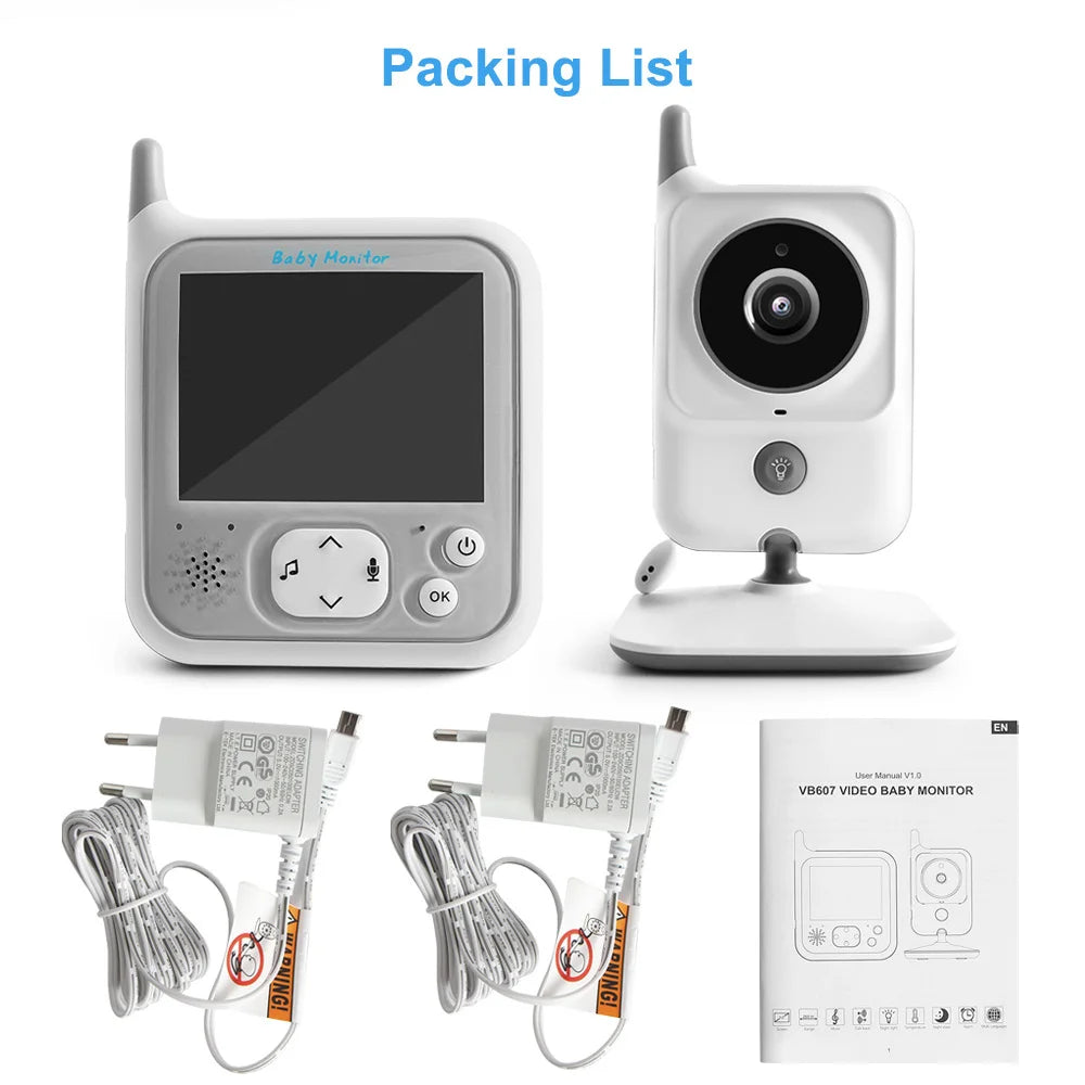 Baby monitor set including a camera, a monitor with control buttons, two power adapters, and a user manual. The monitor has a screen and arrow keys for navigation.