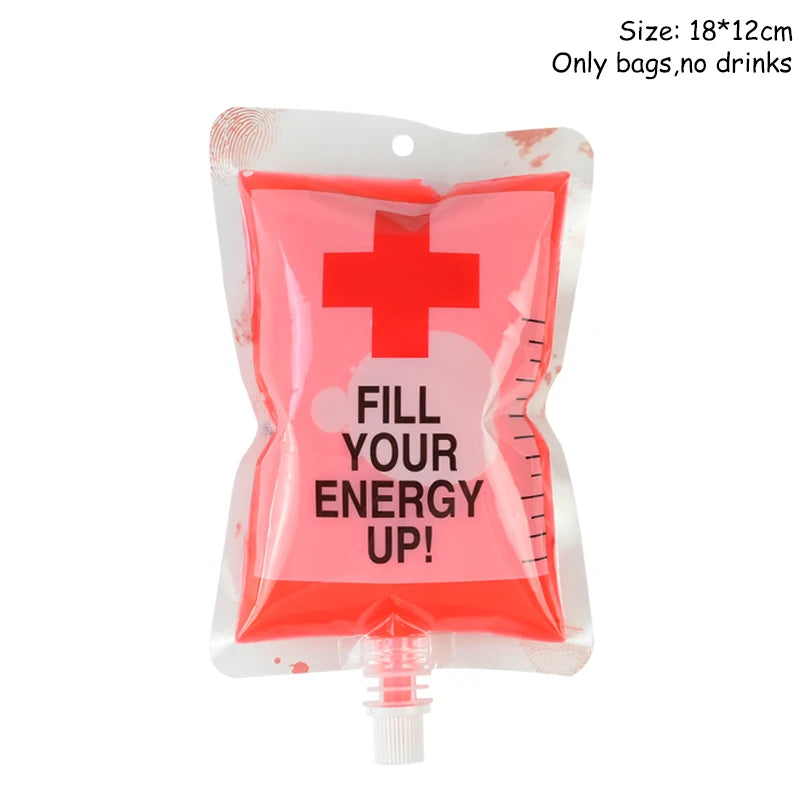 Red pouch with a cross symbol and text, "Fill your energy up!" Features a spout at the bottom. Black text at the top right states, "Size: 18*12cm Only bags, no drinks."