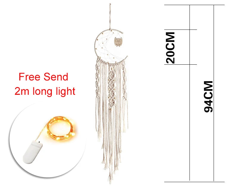 Macrame moon dreamcatcher with owl charm, 94cm in length and 20cm wide, includes free 2m LED light strip.