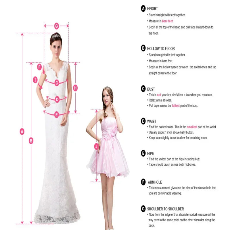 Two women in dresses are used to illustrate measurement points for tailoring, including height, bust, waist, hips, and more. Instructions are listed beside each corresponding letter.