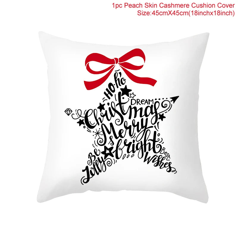 White cushion cover with a Christmas star design featuring festive words like "Merry," "Bright," and "Christmas." Topped with a red bow. Size: 45cm x 45cm.