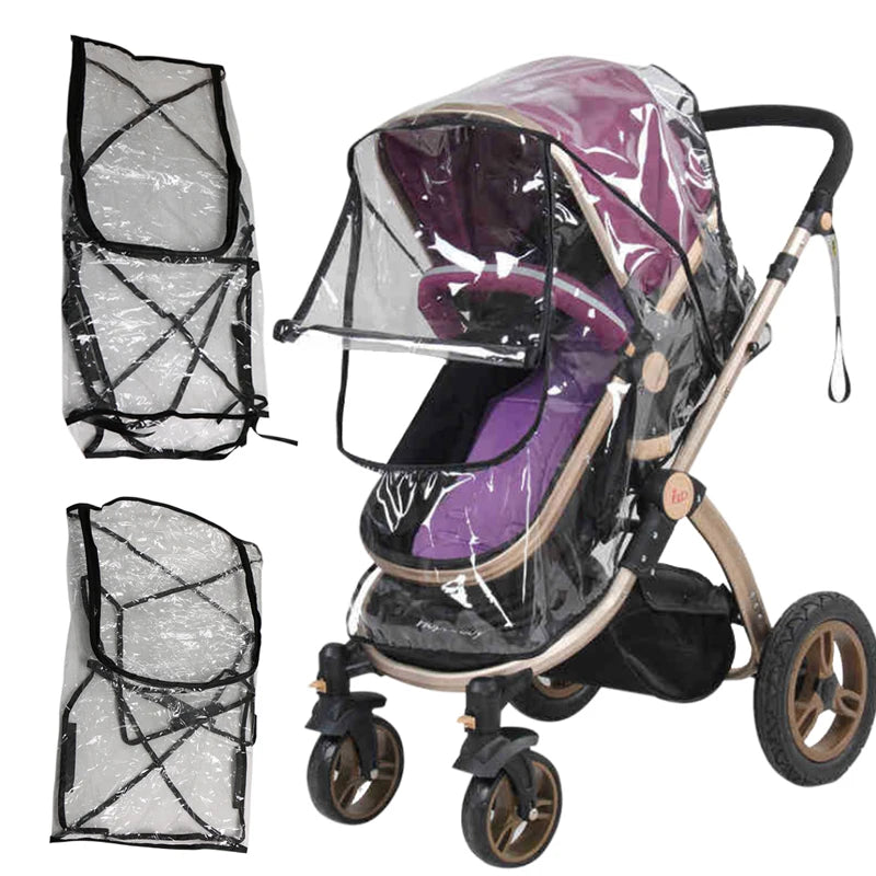 Purple stroller with a clear rain cover, featuring black trim and handles, and four wheels. Two images of the rain cover alone are shown beside the stroller.