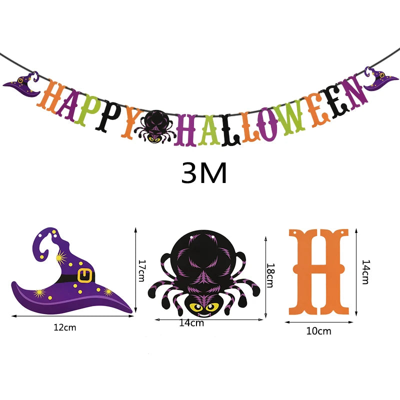 Halloween banner reading "Happy Halloween" in colorful letters with a black spider in the center. Witch hat and spider are shown with measurements: hat 12cm wide, 17cm tall; spider 14cm wide, 18cm tall; H letter 10cm wide, 14cm tall. Banner length is 3 meters.