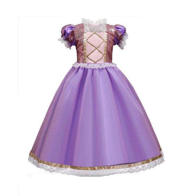 Purple princess dress with a shimmering bodice, gold crisscross details, lace trim, puffy short sleeves, and a full skirt. Ideal for costumes or dress-up.