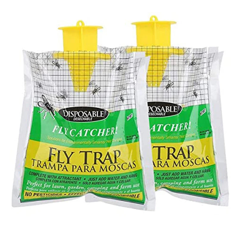 Two yellow-topped disposable fly trap bags labeled "Fly Catcher" in green and yellow packaging. Instructions indicate adding water and hanging for use.