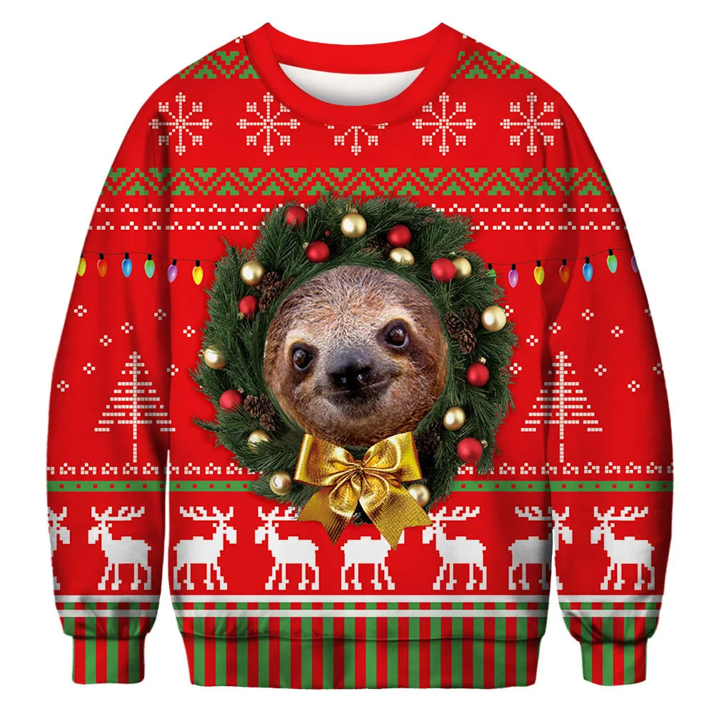Red Christmas sweater featuring a sloth face in a festive wreath with a gold bow. Decorated with snowflakes, reindeer, Christmas trees, and colorful lights.