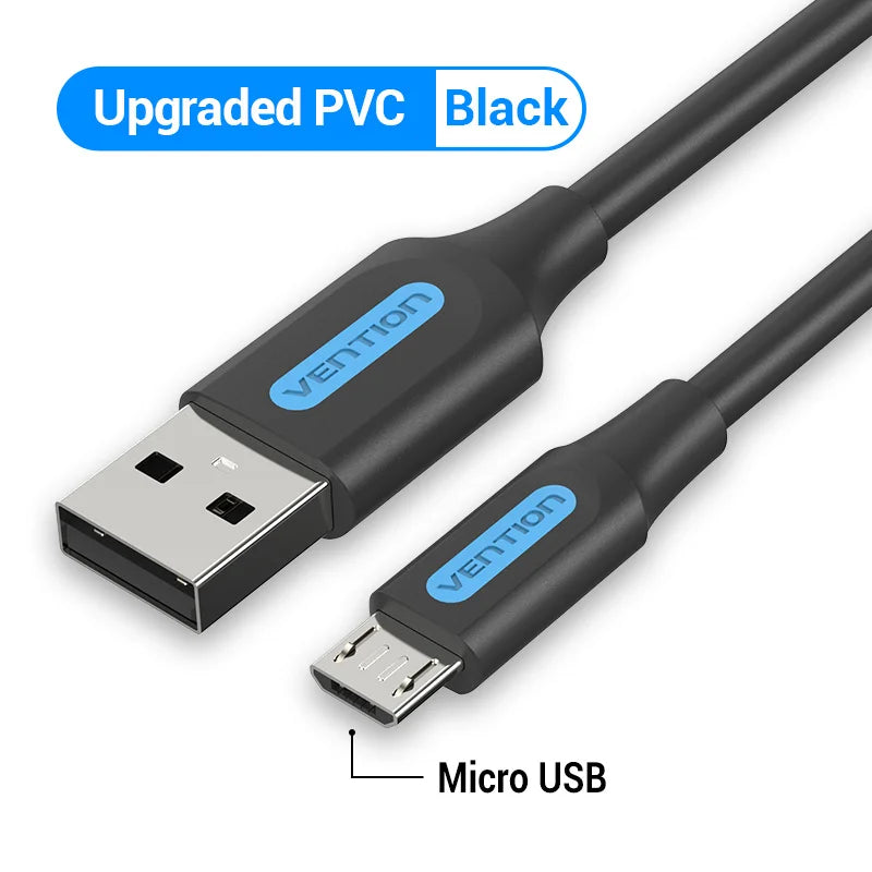 Black USB to Micro USB cable with blue "Vention" logo on each end. The cable features upgraded PVC.