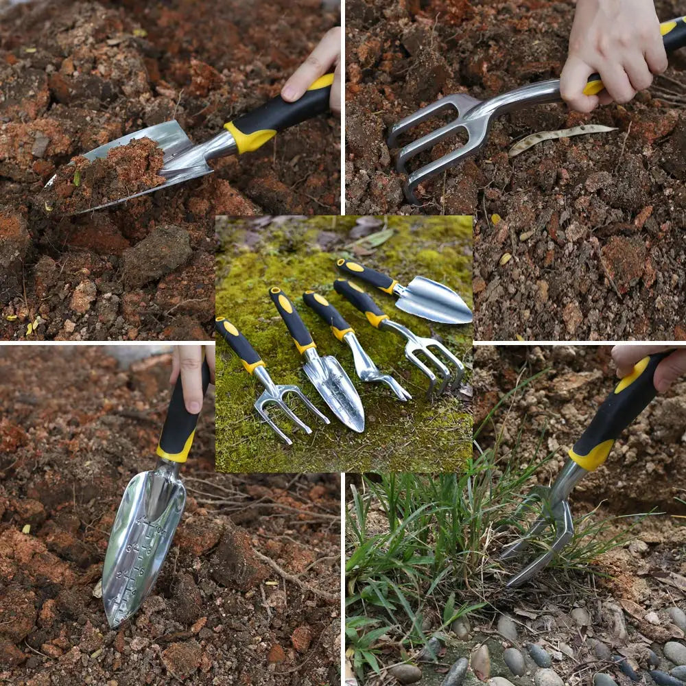 A collage of gardening tools including trowels and hand forks used in soil and grass, with a close-up of the tools laid out on moss-covered ground. Hands are visible using the tools.