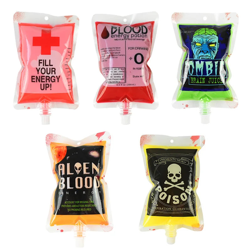 Five novelty drink pouches resembling blood bags, labeled with themes like "Blood Energy Potion," "Zombie Brain Juice," "Alien Blood," and "Poison," in various colors.