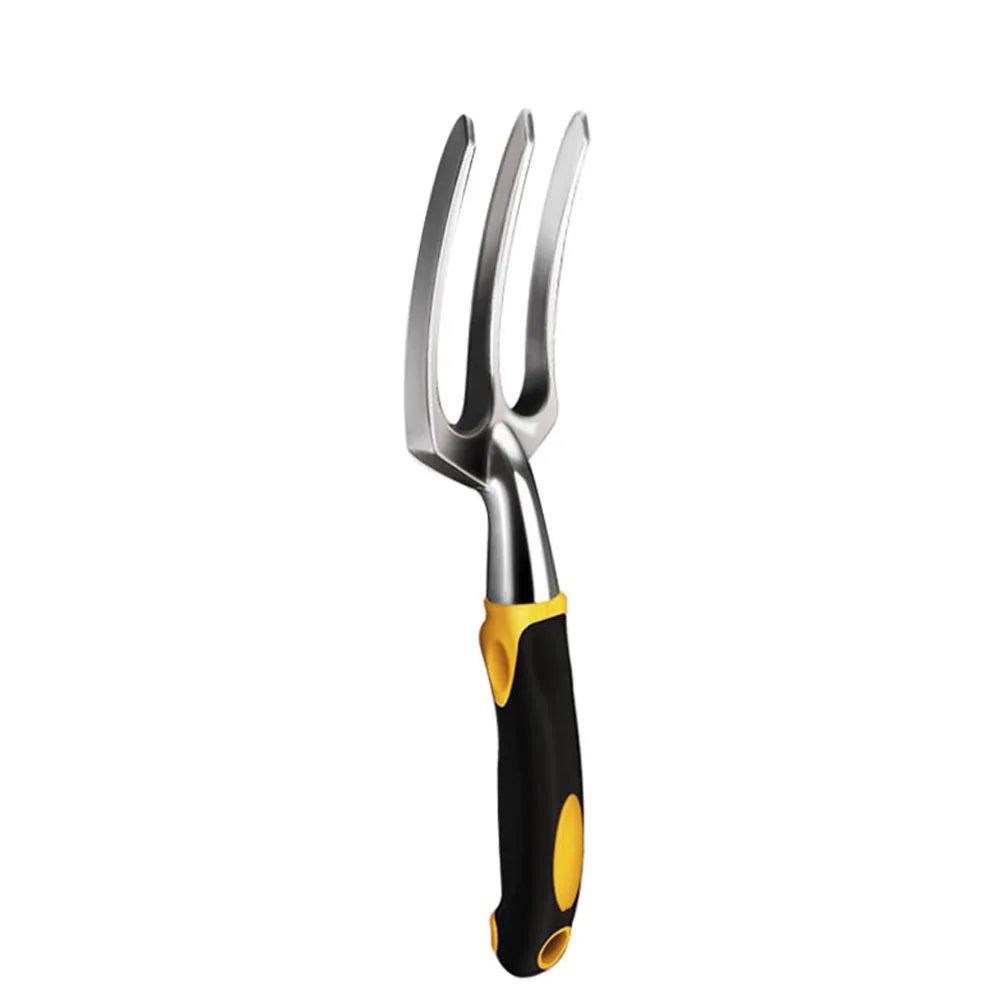 Steel garden hand fork with three sharp tines and a black ergonomic handle featuring yellow accents, isolated on white background.